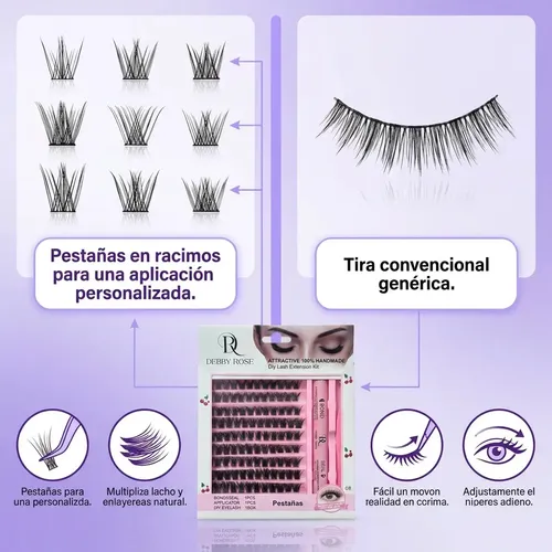 Debby Rose Kit Pestañas Cluster Adhesivo Pestañas Diy Color Negro Espesor 3 mm Largo 1 cm Tipo de curvatura D