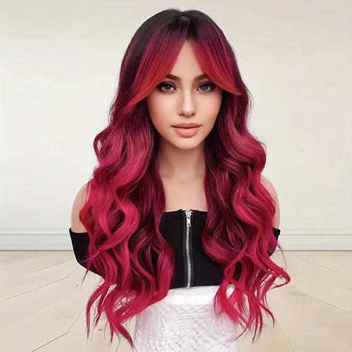 [ Peluca De Mujer Larga Y Rizada De Color Rojo Rosa *