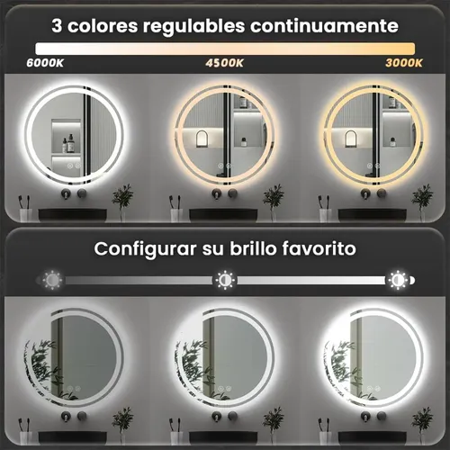 Espejo Led Baño Redondo 60x60cm, Táctil Moderno