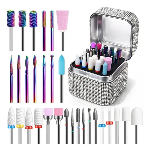 Set 30 Puntas Para Taladro De Uñas Con Estuche Plateado