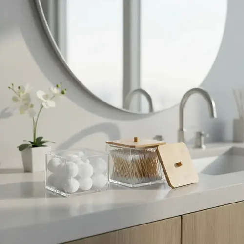 Organizador Maquillaje Acrílico Benabi Tapa Bambú Diseño Cuadrado