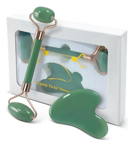 Set Gua Sha Y Rodillo Facial Hzlxmyxo1 Piedra Verde