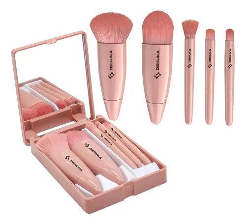 Set X5 Brochas Y Pinceles Maquillaje Profesional Sintéticos Con Estuche Espejo Rosa Dehuka