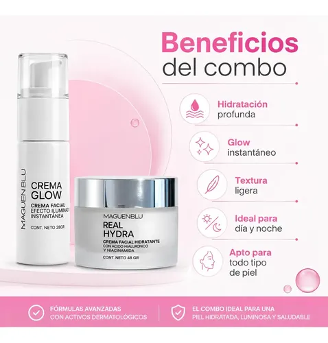 Combo Skincare Crema Facial Glow + Crema Hidratante Facial Con Acido Hialurónico Niacinamida | Kit Día y noche | Liviana | Piel Normal Mixta Grasa Seca | Antiarrugas | Suavizante | Mejora Firmez