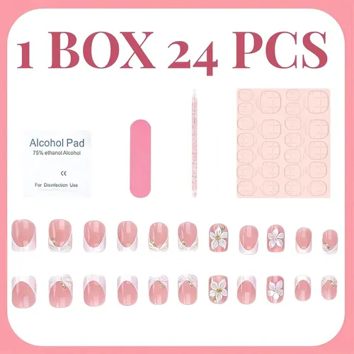 Uñas Postizas Acrílicas Con Flores 3d Y French Tip Blanco