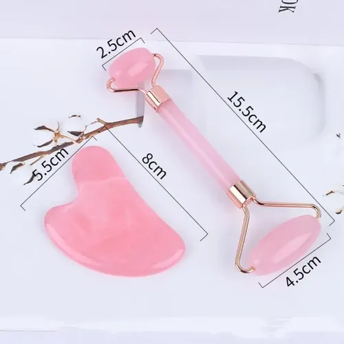Set Rodillo Facial Y Gua Sha Cuarzo Rosa Masaje Belleza Mrgh