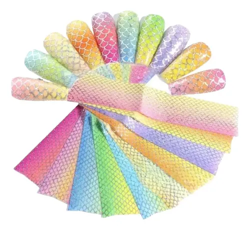 10 Papel Foil Cola De Sirena Escamas Para Decoración De Uñas