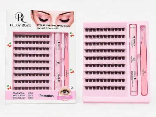 Debby Rose Kit Pestañas Cluster Adhesivo Pestañas Diy Color Negro Espesor 8 mm Largo 1 cm Tipo de curvatura D