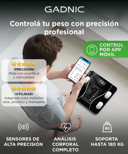 Balanza De Baño Gadnic Digital App Vidrio Templado Pantalla Lcd Alta Precisión 180kg Bluetooth Apagado Automático Auto Calibrado Negro