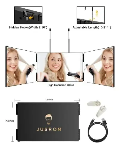 Espejo De 3 Vias Cristal Hd Claro Antivaho Luz Led Ajustable