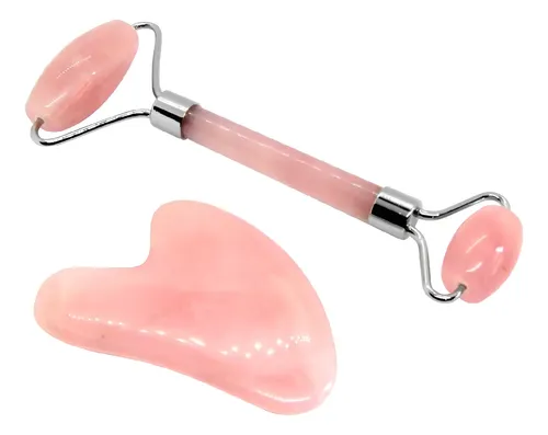 Set Roller Y Piedra Gua Sha Masajeador Facial Cuarzo Rosa