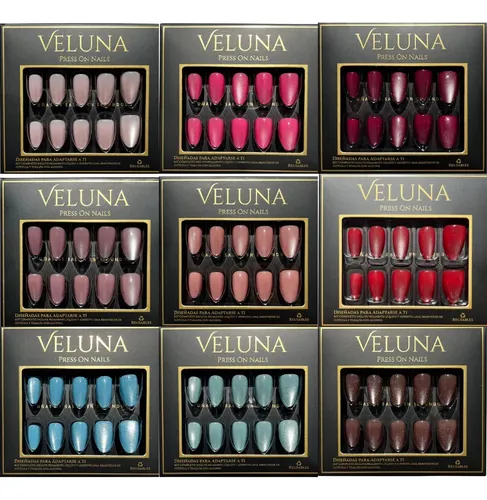 Uñas Press On Veluna – Almendras Cortas 32u – Ojo De Gato Color Celeste Cielo Perlado Ojo De Gato
