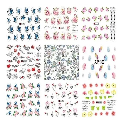 10 Planchas Stickers Al Agua Tatoo Deco Nails Lefemme