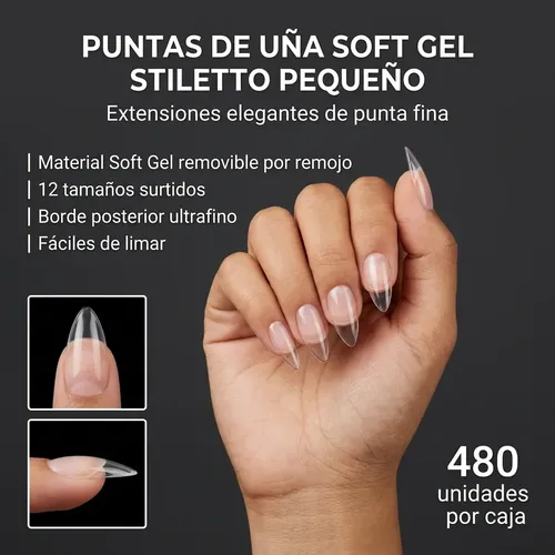 Tips Soft Gel Stiletto S Transparente 480 Unidades 12 Size