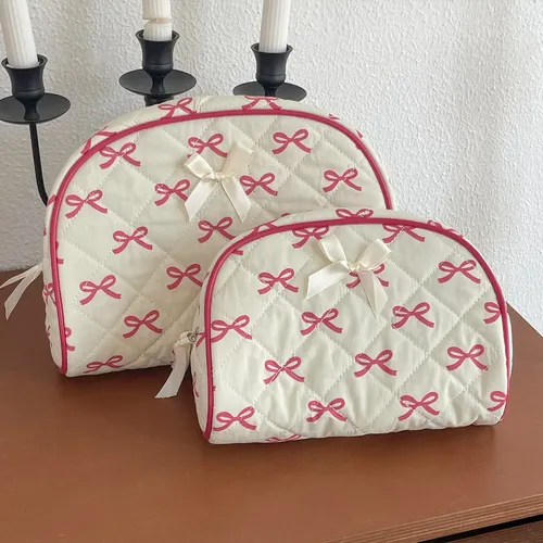 Bolsa De Maquillaje Acolchada De Algodón Con Bonito Lazo, 2 Rosa
