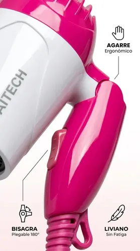 Secador Cabello Pelo Plegable Portatil 800w 2 Velocidades Frio Calor Rosa Viaje Cabina Hotel Hombre Mujer Cartera Bolso Mini Premium Liviano Comodo Resistente Profesional Familia Hogar Pocket