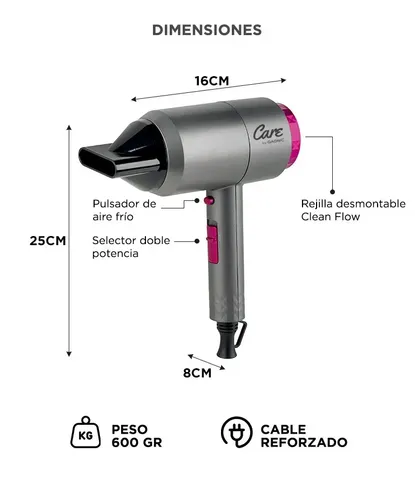 Secador De Pelo Iónico Care By Gadnic Antifrizz Frio Calor