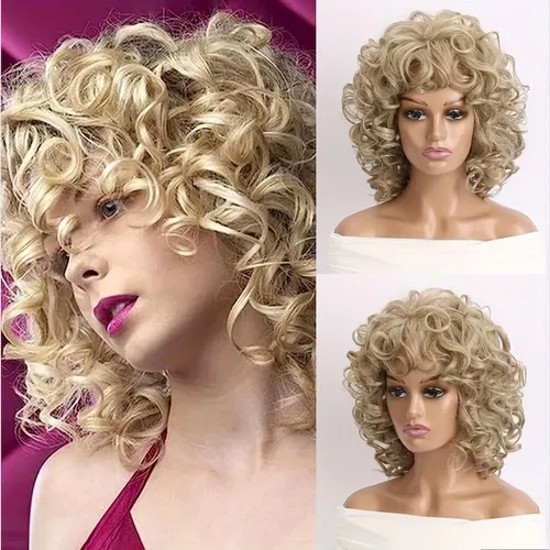 Peluca Rizada De 14 Pulgadas, Cabello Rubio Corto Con Flequi