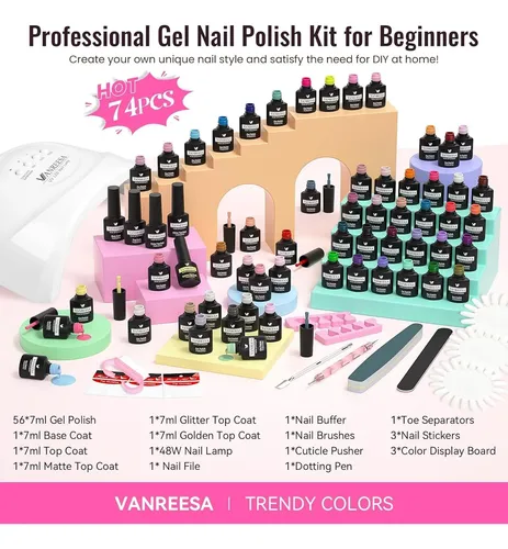 Kit Esmaltes Gel Vanreesa 74 Pzas Con Luz Uv Y Herramientas