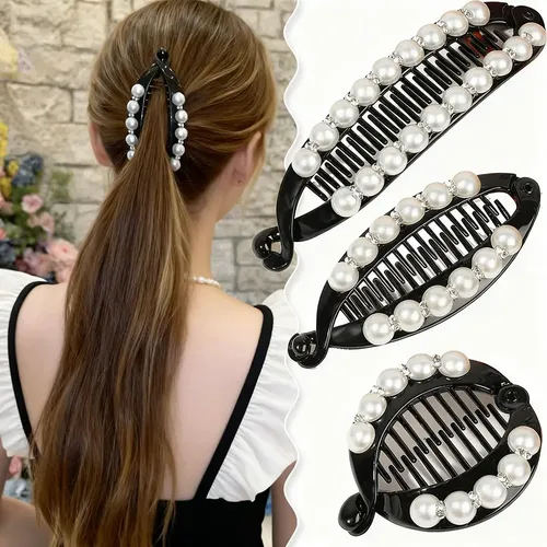 Kit Pinzas Cabello Perlas Broches Mujer 3 Piezas Black