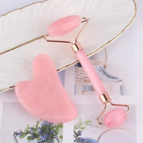 Set Rodillo Facial Y Gua Sha Cuarzo Rosa Masaje Belleza Mrgh