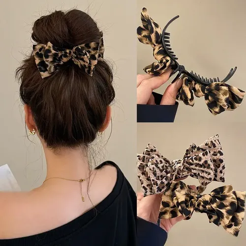 &2 Grampos Leopardo Com Laço | Estilo Vintage Para Mulher Z