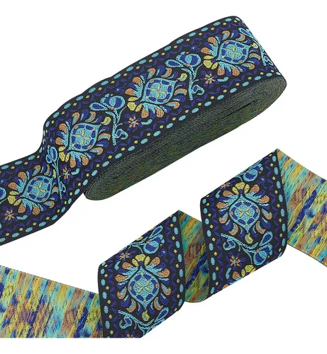 Cinta De Jacquard Con Flores Estilo Étnico, Poliéster, 10 Ya Navy Blue With Turquoise, Yellow And Gold Accents (multicolor) Ethnic Flower