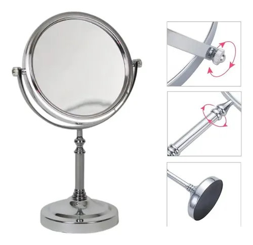 Espejo Maquillaje Aumento Doble Redondo De Pie Acero