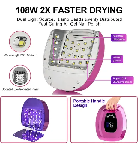 Lámpara Uv Led Portátil 108w Secado Rápido Gel Uñas