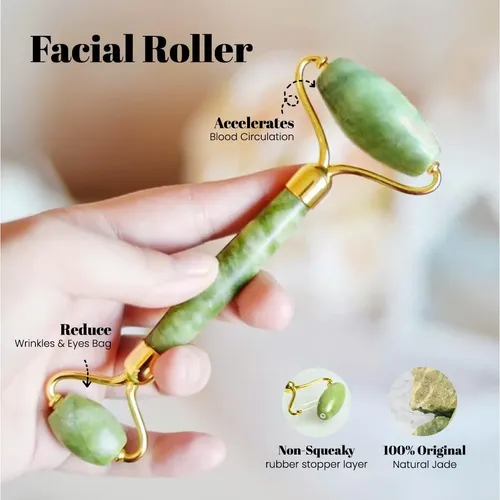 Set Masajeador Facial Rodillo Jade Y Gua Sha Roselyn