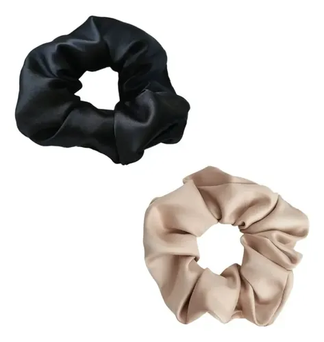 Scrunchie Colita Negra Y Beige Satén Premium Anti Frizz X2