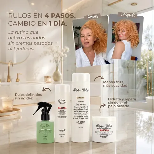 Kit Profesional Rizos Super Hidratación, Shampoo y Máscara Rizos Crema de Peinar Hidratación, reparadora y Protectora Térmica y Spray Hidratador y Formador (único AMC del Kit) de Rulos Line Up