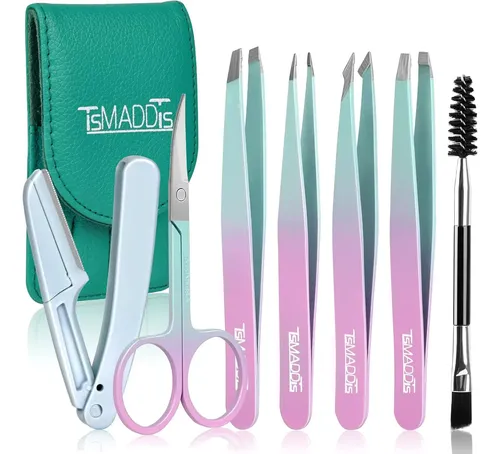 Set 7 Pinzas Precisión Para Cejas Con Tijera Curva Y Navaja