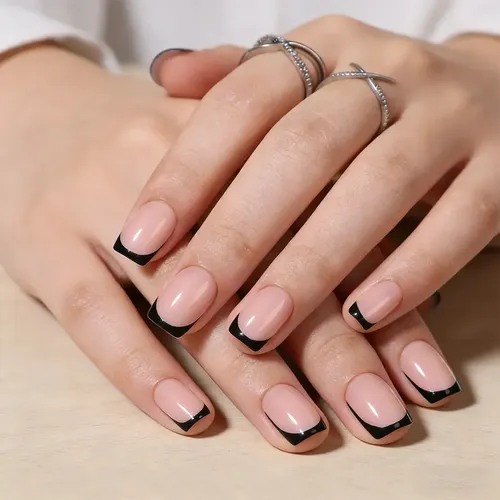Uñas Postizas Press On Francesitas Reutilizable Veluna – Francesita Cuadrada Linea Negra
