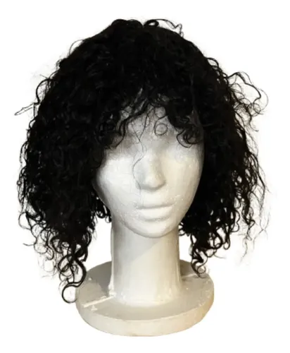 Peluca Cabello 100% Natural Negro Rulos Ajustable Flequillo