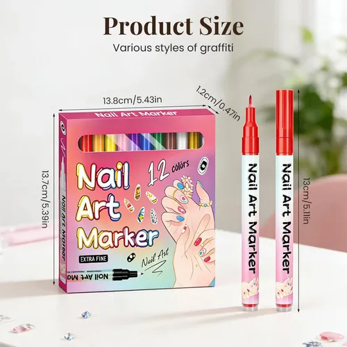 12 Colors Nail Art Pens Set, Water-based Markers, Quick Dry