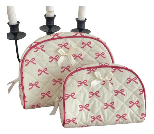 Bolsa De Maquillaje Acolchada De Algodón Con Bonito Lazo, 2 Rosa