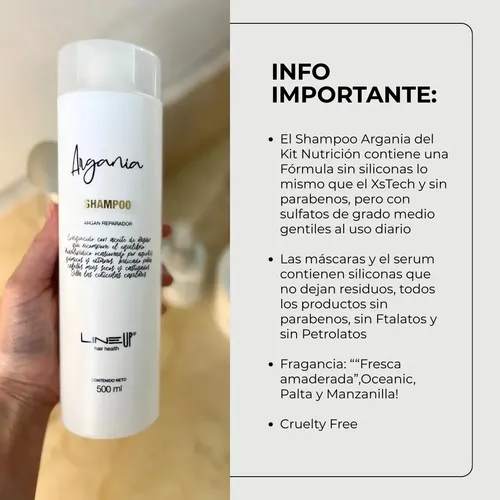 Kit Argania Nutrición Intensa Para Cabellos Super Secos, Shampoo, Máscara Argania, Crema de Peinar protectora Térmica y Reparadora 4FourAction y Serum Reparador de Puntas de Coco y Palta LineUp