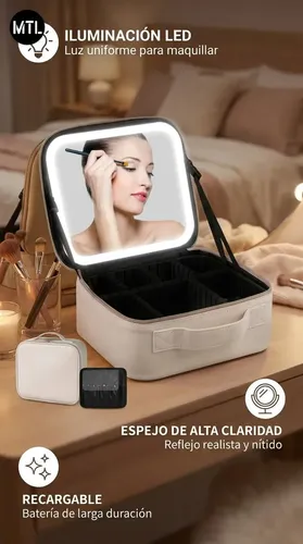 Alhajero Neceser Mtl Organizador Portátil Con Luz Led Espejo Bandeja Desplegable 6 Compartimentos Ajustables Material Pu Resistente Diseño Elegante Color Blanco Accesorios Maquillaje Viaje