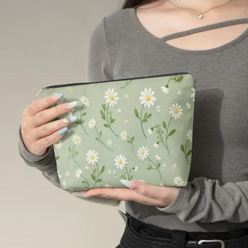 Bolsa De Maquillaje Con Cremallera Con Fondo Verde Margarita