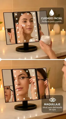 Espejo Mtl Tríptico Con Luz Led Iluminación Portátil Base Reforzada Ideal Maquillaje Profesional Rutinas Belleza Cuidado Facial Tocador Dormitorio Baño Negro Diseño Moderno Elegante Compacto Práctico