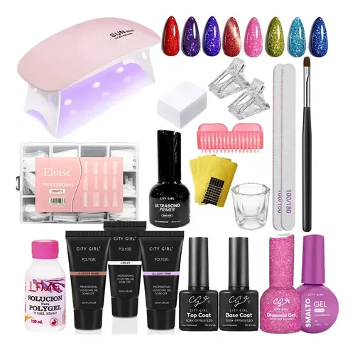 Kit Uñas Esculpidas Polygel X3 Esmaltado Glitter Uv Completo