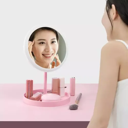 Espejo Maquillaje Portatil Tactil Con Luz Led Recargable Marco Rosa claro