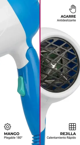 Secador De Cabello Plegable Azul Aitech Portatil Aire Frio Caliente Cuidado Personal Viaje Hogar Belleza Peluqueria Profesional Universal Liviano Practico Mango Plegable