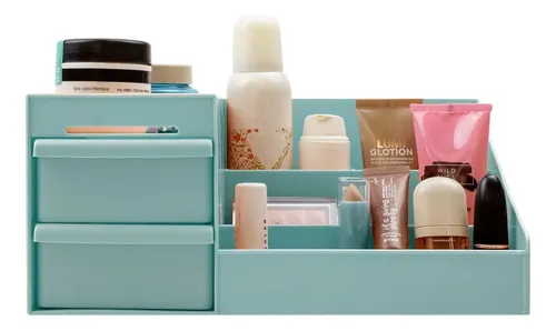 Organizador de Maquillaje con 2 Cajones para Escritorio Celeste