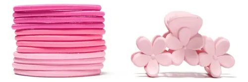 Set De Gomitas De Pelo + Broche Xl Extra Large Ossa Rosa Rosa