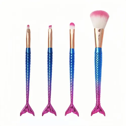 Set 4 Brochas Maquillaje Sirena Azul Rosa Rostro Ojos Rosa