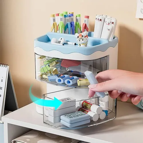 Organizador De Maquillaje Cremas Escritorio, Porta Lápices Y Papelería, Con 2 Cajones Multifuncional, Ideal Para Decoración Aesthetic, Almacenamiento Tierno Y Viral Levys Bazar