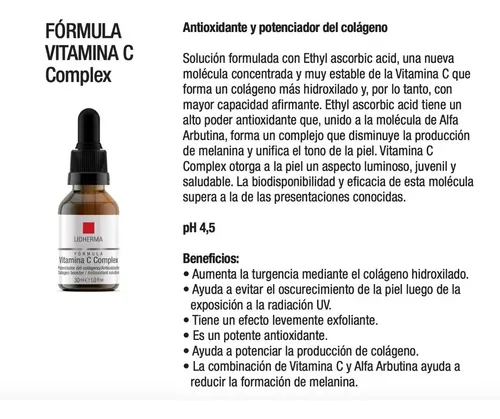 Formula Vitamina C Complex Antioxidante 30ml Lidherma Momento de aplicación Noche Tipo de piel Todo tipo