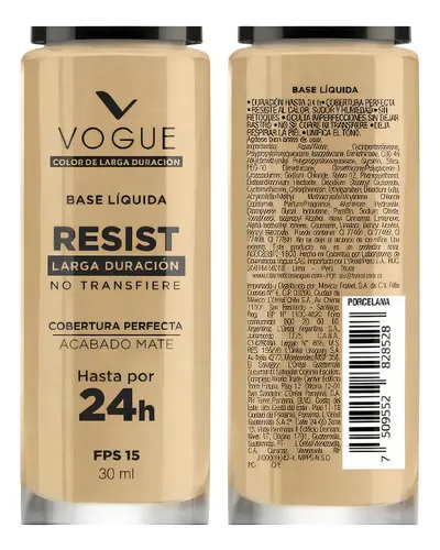 Base de Maquillaje Líquida Vogue Resist, Larga Duración y Acabado Mate con FPS 15